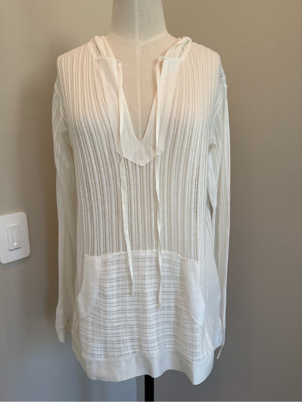 Women's White/Light Cream Semi-Sheer Hooded Knit Pullover